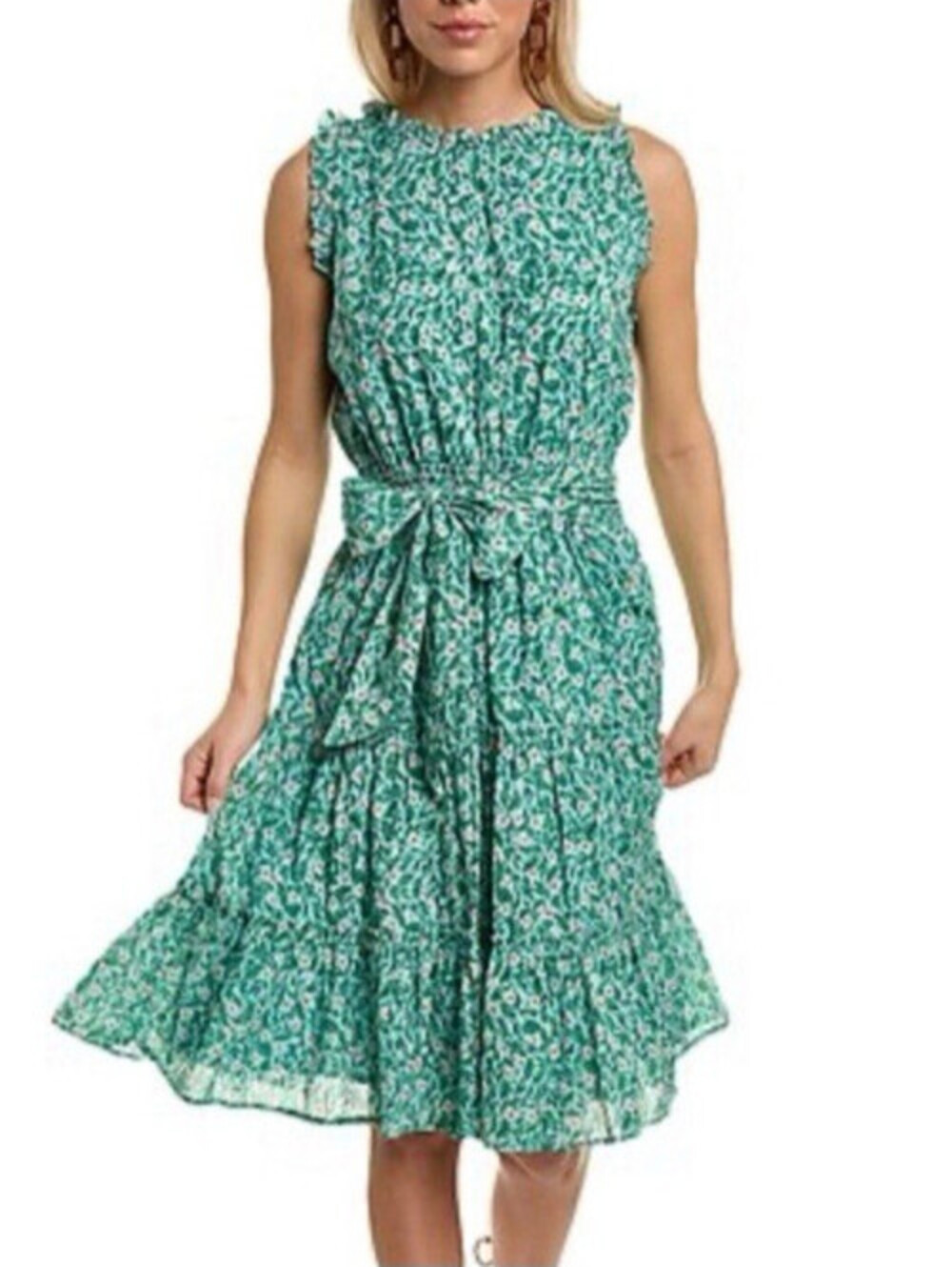 Roller Rabbit Cerro Naoki Midi Dress S Green Tiered Ruffle Floral Sleeveless